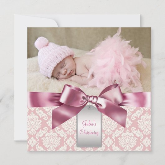 Ivoor en roze Damask Baby Girl Foto doop Kaart (Voorkant)