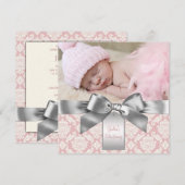 Ivoor en roze Damask Baby Girl Foto doop Kaart (Voorkant / Achterkant)