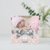 Ivoor en roze Damask Baby Girl Foto doop Kaart (Staand voorkant)