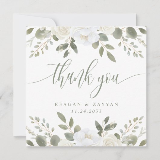 Ivoor en Sage Bloemen Bruiloft Dank u kaart (Voorkant)