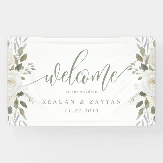 Ivoor en Sage Elegant Bloemen Bruiloft Welkom Spandoek (Horizontaal)