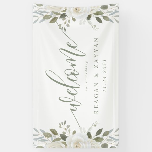 Ivoor en Sage Elegant Bloemen Bruiloft Welkom Spandoek (Verticaal)