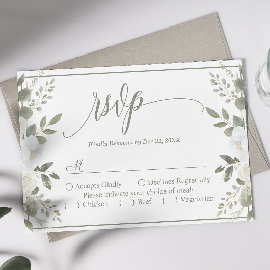 Ivoor en Sage Script Floral bruiloft RSVP Kaartje