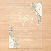 Ivoor en salie Chic Script Elegant Bloemen Huwelij Acryl Uitnodigingen (Voorkant)