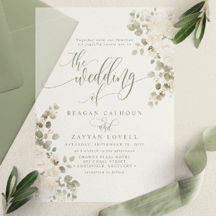 Ivoor En Salie Chic Script Elegante Bloemige Bruil Vellum Uitnodigingen