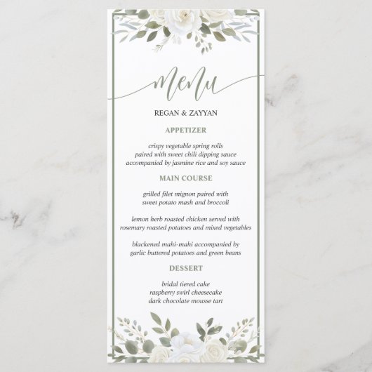 Ivoor en Salie Elegant Bloemen Bruiloft Menu (Voorkant)