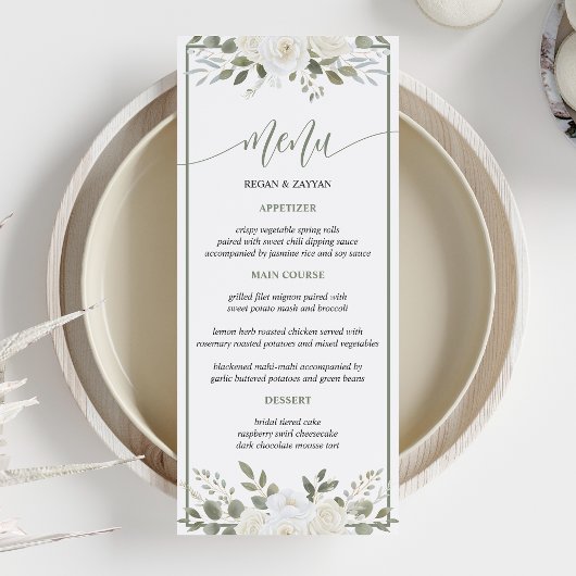 Ivoor en Salie Elegant Bloemen Bruiloft Menu