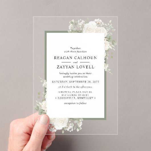 Ivoor en Salie Elegant Bloemen Lijst Bruiloft Acryl Uitnodigingen (Insitu (Draagbaar))