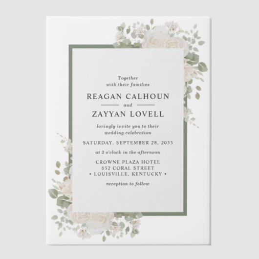 Ivoor en Salie Elegant Bloemen Lijst Bruiloft Vellum Uitnodigingen (Voorkant)