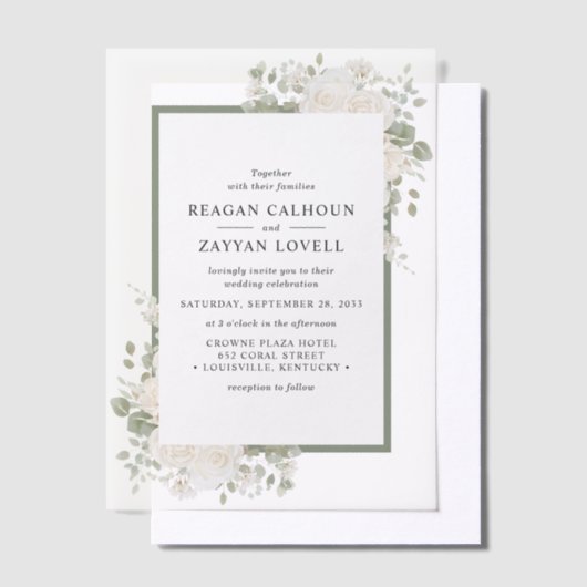 Ivoor en Salie Elegant Bloemen Lijst Bruiloft Vellum Uitnodigingen (Offset)