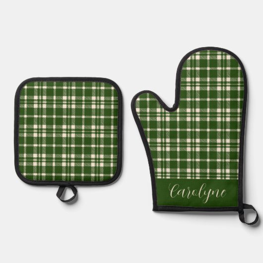 Ivoor en Smaragd Groen Plaid Patroon Ovenwant & Pannenlap Set (Voorkant)