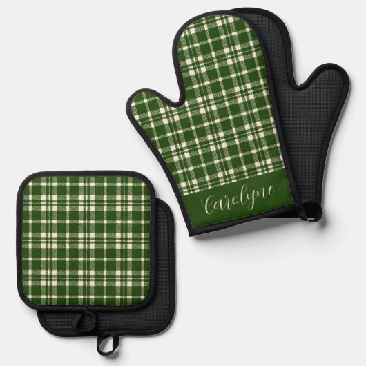 Ivoor en Smaragd Groen Plaid Patroon Ovenwant & Pannenlap Set (Voorkant / Achterkant)