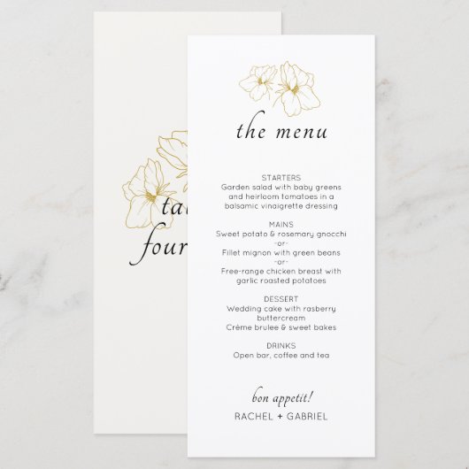 Ivoor en wit | Chic Faux Gold Floral Wedding Menu (Voorkant / Achterkant)