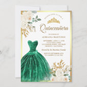 Ivoor Floral Emerald Green Gown Gold Quinceanera Kaart (Voorkant)