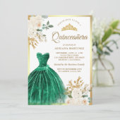 Ivoor Floral Emerald Green Gown Gold Quinceanera Kaart (Staand voorkant)