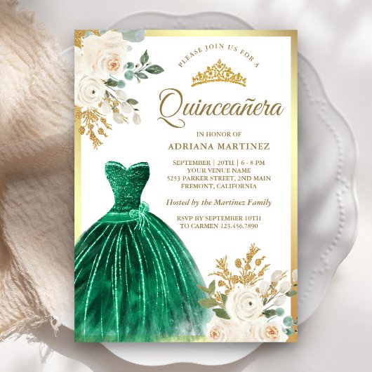Ivoor Floral Emerald Green Gown Gold Quinceanera Kaart