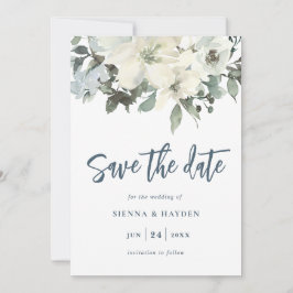 Ivoor Floral Navy Blue Save The Date Kaart