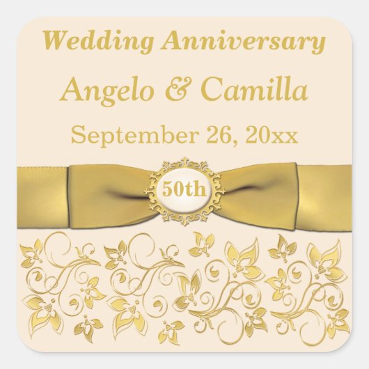 Ivoor Goud Bloemen 50e Bruiloft Jubileum Sticker (Voorkant)