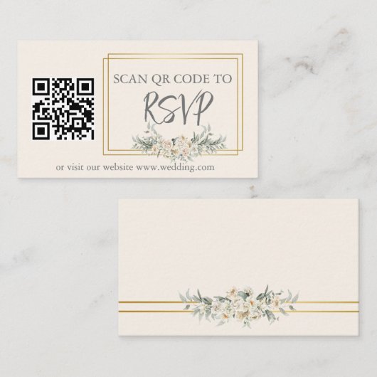 Ivoor Goud Bloemen RSVP QR Code Bruiloft Website Informatiekaartje (Voorkant / Achterkant)