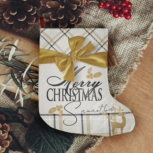 Ivoor & Goud Plaid Rendier & Naam Vrolijk Kerstfee Grote Kerstsok