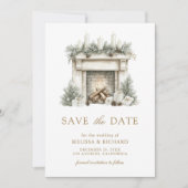 Ivoor Gouden Kerst Open Haard Bow Foto Huwelijk Save The Date (Voorkant)