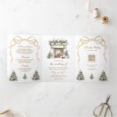 Ivoor Gouden Kerst Open Haard Bow QR Code Huwelijk Drieluik Uitnodiging (Binnen)