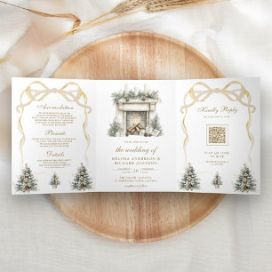 Ivoor Gouden Kerst Open Haard Bow QR Code Huwelijk Drieluik Uitnodiging