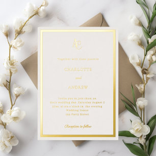 Ivoor gouden moderne monogram luxe trouwdag folie uitnodiging