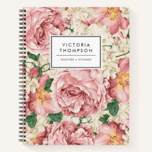 Ivoor Hortensia's en Roze Tuinrozen Bloemstuk Notitieboek