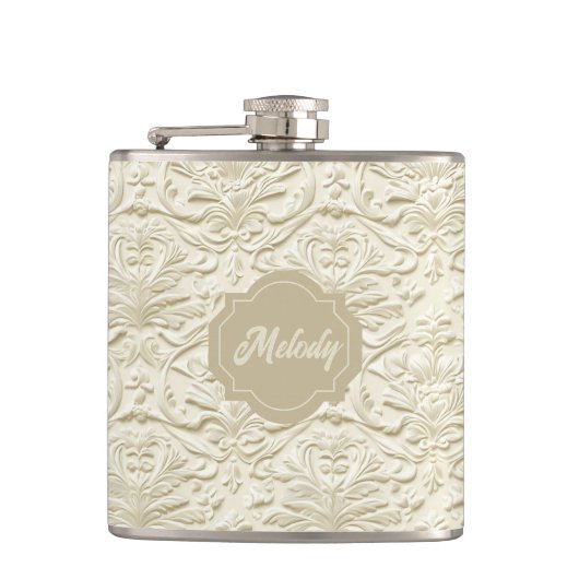 Ivoor in reliëf verpakte florale vinylkolf heupfles (Voorkant)