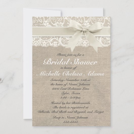 Ivoor Lace Burlap Bridal Shower Uitnodiging (Voorkant)