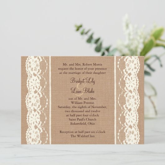 ivoor Lace en Middelgrote Burlap Kaart (Staand voorkant)