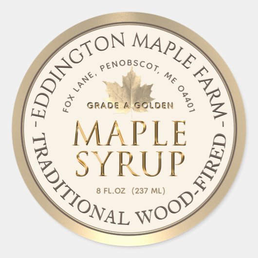 Ivoor Maple Syrup Gouden Maple Blad Gouden Rand Ronde Sticker (Voorkant)