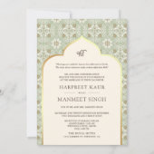 Ivoor Mint Groen Patroon Anand Karaj Sikh Bruiloft Kaart (Achterkant)