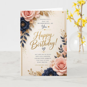 Ivoor Navy Blush Bloemen Verjaardagskaart Kaart