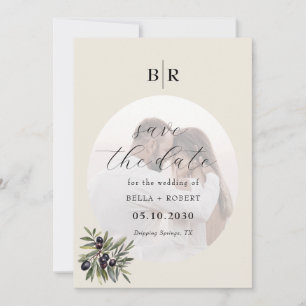 Ivoor Olijftak Monogram Foto Bruiloft Save The Date