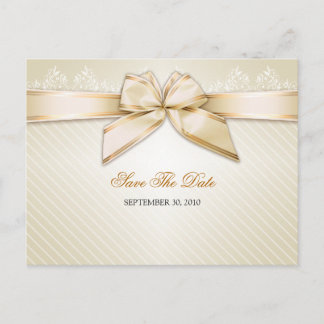 Ivoor Ribbon Gold Stripes Wedding Save the Date V2 Aankondigingskaart
