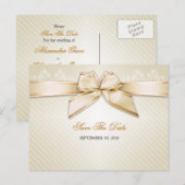 Ivoor Ribbon Gold Stripes Wedding Save the Date V2 Aankondigingskaart (Voorkant / Achterkant)