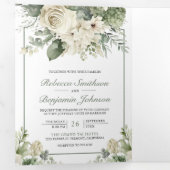 Ivoor Roos Sage Groen Bloemen Foto QR Code Bruilof Drieluik Uitnodiging (Binnenzijde eerst)