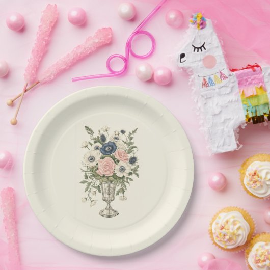 ivoor roze blauw mauve groene bloemen papieren bordje (Feest)