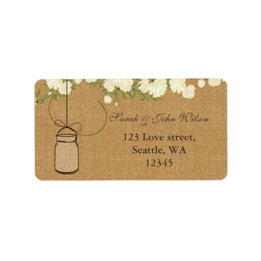 ivoor rozen mason jar address label rustige burlap (Voorkant)