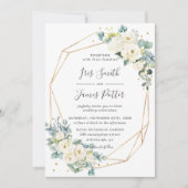 Ivoor Wit Bloemen Groen Goud Geometrisch Bruiloft Kaart (Voorkant)