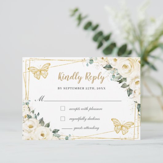 Ivoor Witte Bloem Gouden Quinceañera Prinses Antwo RSVP Kaartje (Staand voorkant)