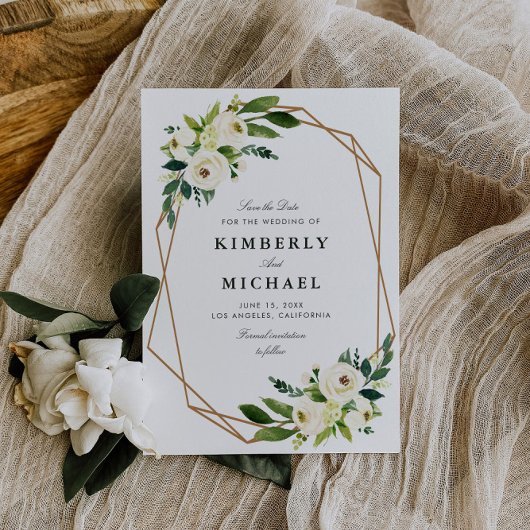 Ivoor witte bloemige geometrische save-the-date ka save the date