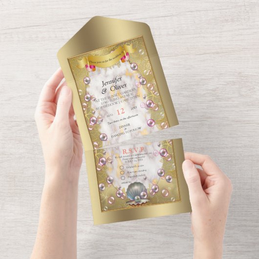 Ivoor Zijde, Gouden Kant & Parels en Marmer All In One Uitnodiging (Afscheurbaar)