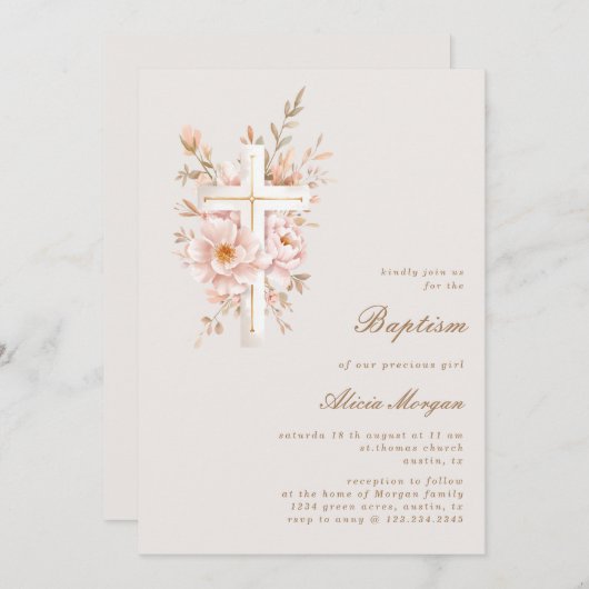 Ivoorblos Bloemen Kruis Doop Uitnodiging (Voorkant / Achterkant)