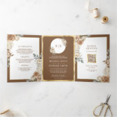 Ivoorbruin beige bloemengoud alles in één bruiloft drieluik uitnodiging (Binnen)