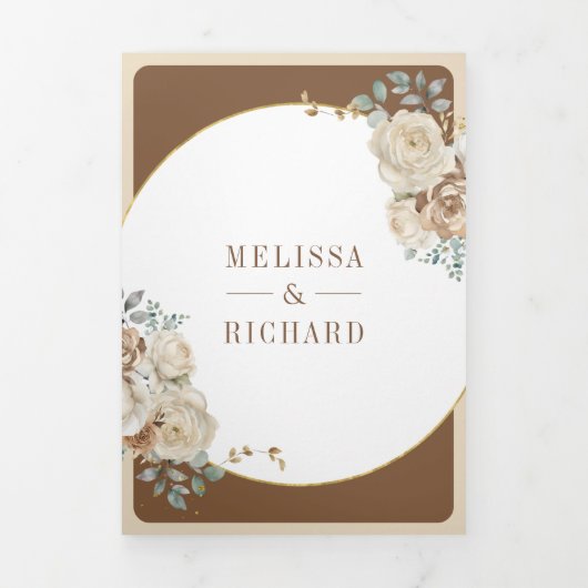 Ivoorbruin beige bloemengoud alles in één bruiloft drieluik uitnodiging (Cover)