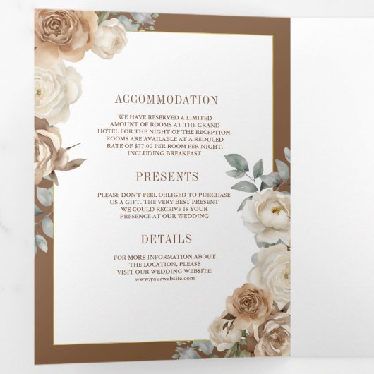 Ivoorbruin beige bloemengoud alles in één bruiloft drieluik uitnodiging (Binnenzijde eerst)