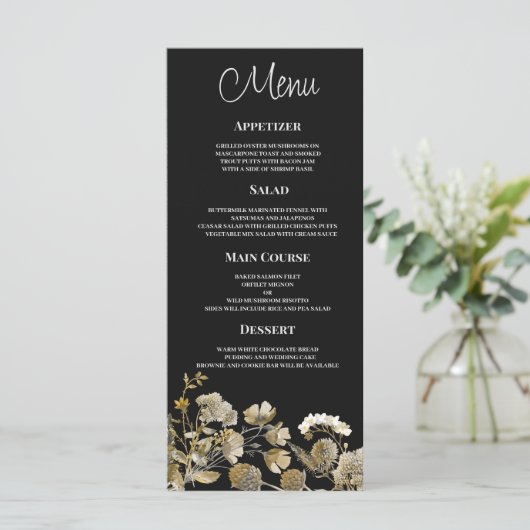 Ivoorbruin zwart wilde bloem winter Bruiloft Menu (Staand voorkant)